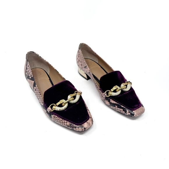 TORY BURCH Jessa Purple Velvet Pink Snake Reptile Heeled Loafer Size 7C - Picture 1 of 13